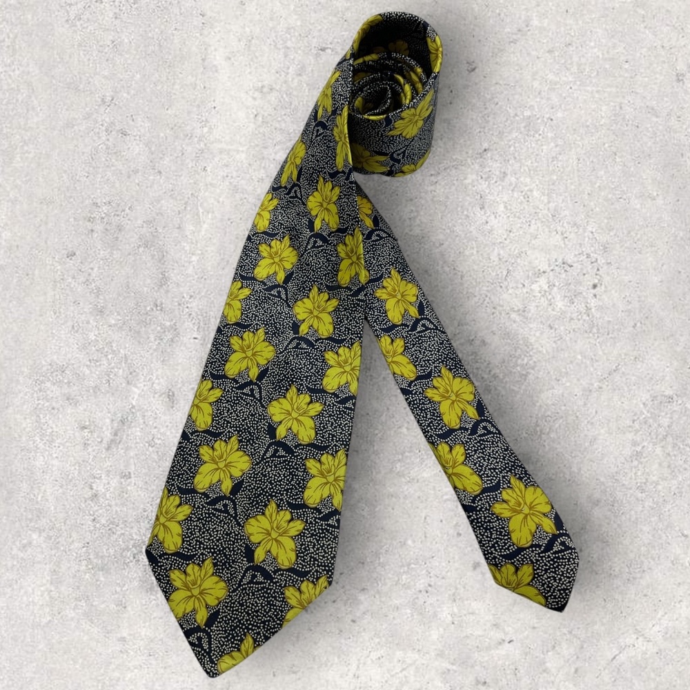 CACHAREL XL Navy/Gray/Gold Art Floral Silk LUXURY Tie ITALY
